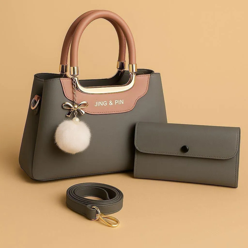 Women's Grey Leather Shoulder Bag Set with Pompom Keychain